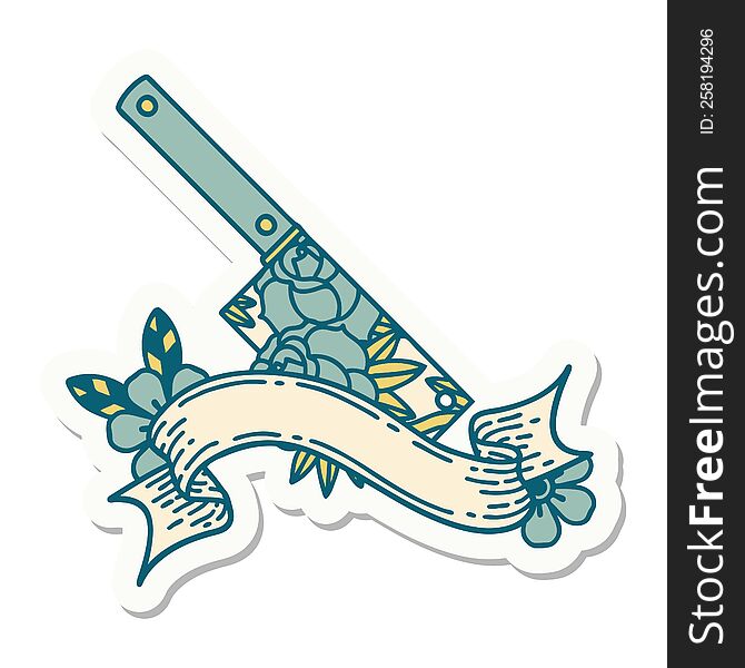 tattoo style sticker with banner of a cleaver and flowers