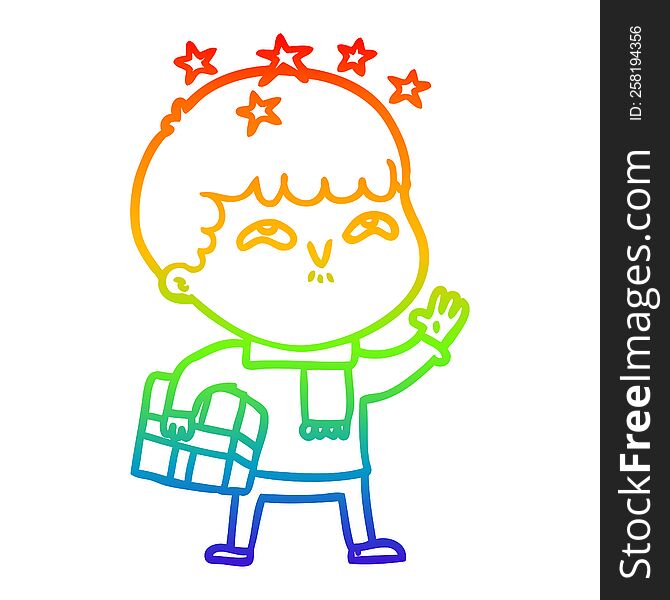 rainbow gradient line drawing of a cartoon amazed boy