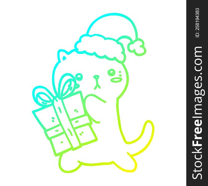 cold gradient line drawing of a cute cartoon cat carrying christmas present