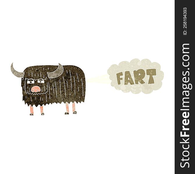 freehand retro cartoon hairy cow farting