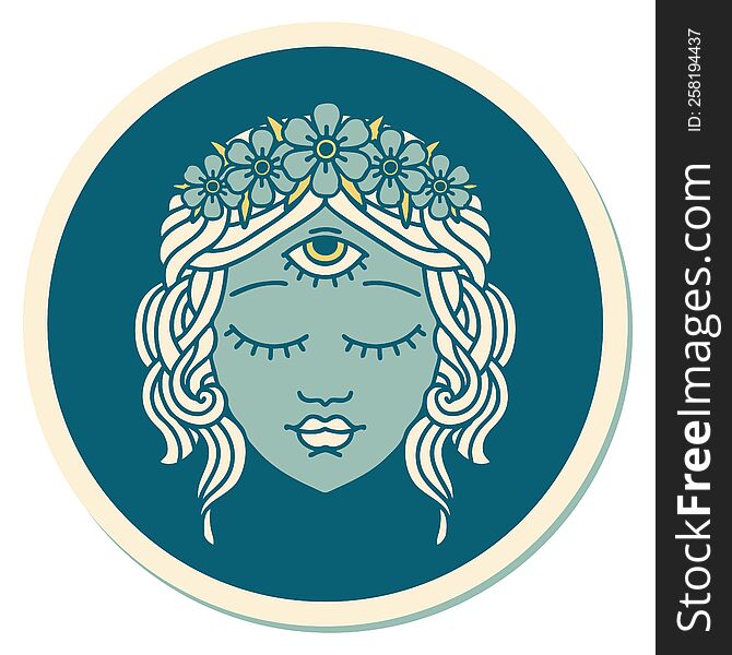 sticker of tattoo in traditional style of female face with third eye and crown of flowers. sticker of tattoo in traditional style of female face with third eye and crown of flowers