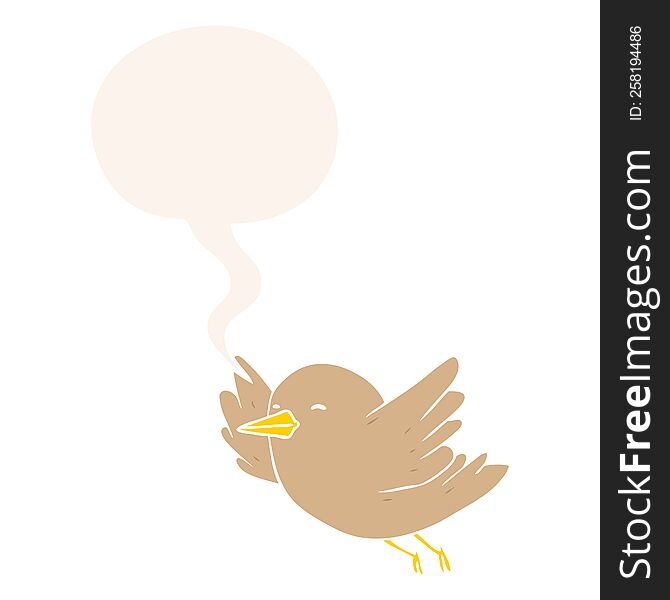 cartoon bird flying with speech bubble in retro style