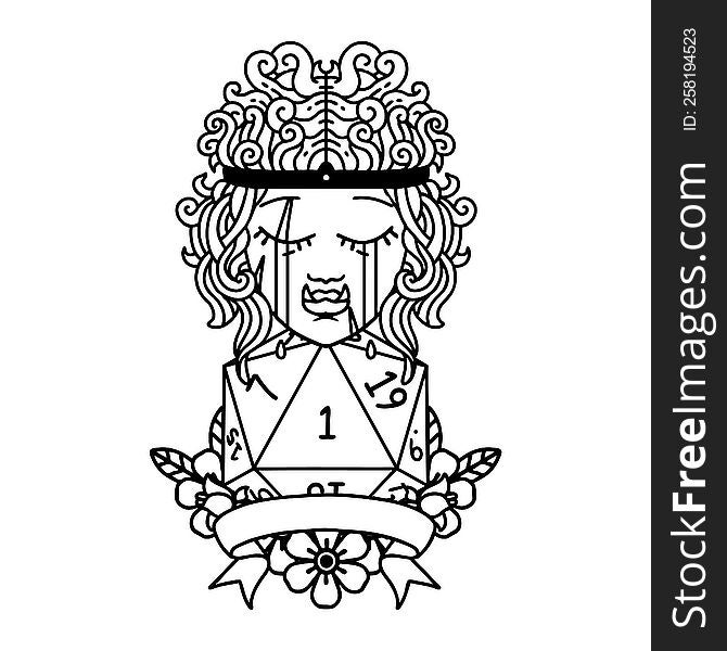 Black and White Tattoo linework Style crying orc barbarian character with natural one D20 roll. Black and White Tattoo linework Style crying orc barbarian character with natural one D20 roll