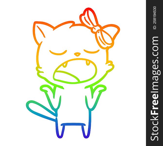rainbow gradient line drawing of a cartoon yawning cat shrugging shoulders