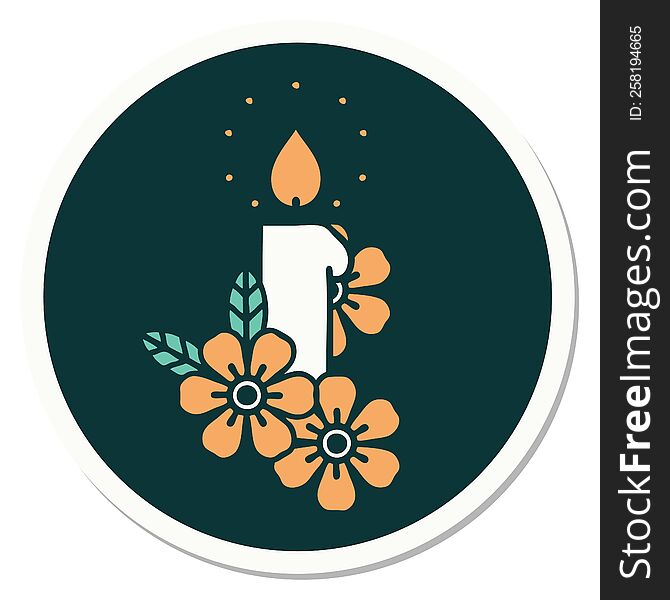 sticker of tattoo in traditional style of a candle and flowers. sticker of tattoo in traditional style of a candle and flowers