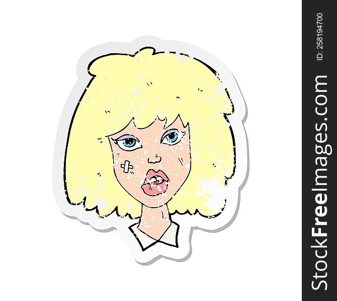 Retro Distressed Sticker Of A Cartoon Woman With Bruised Face