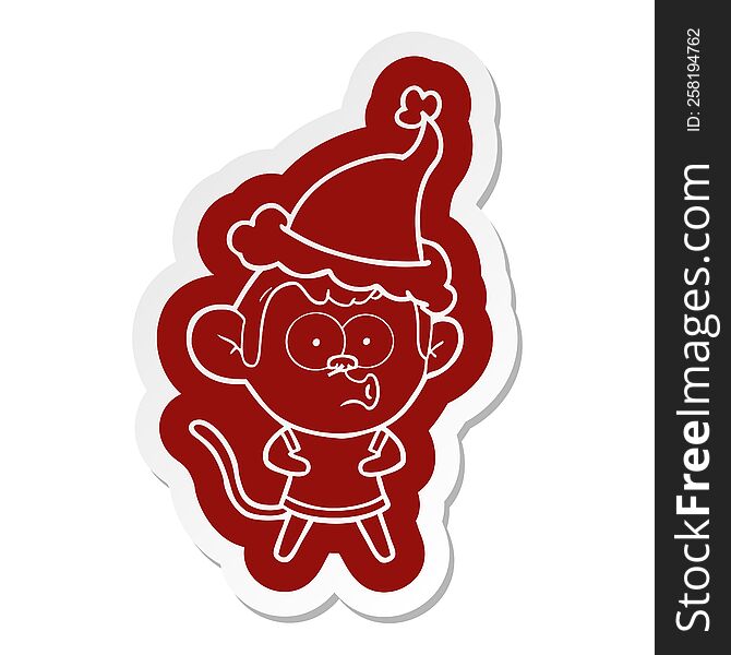 Cartoon  Sticker Of A Surprised Monkey Wearing Santa Hat
