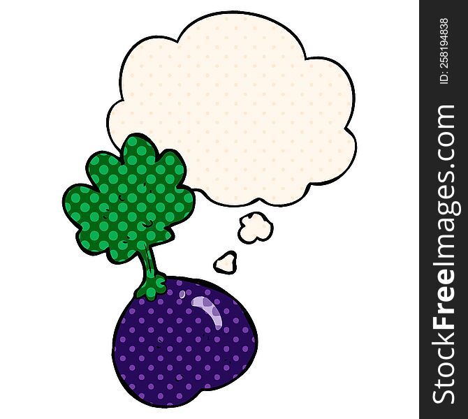 cartoon vegetable with thought bubble in comic book style