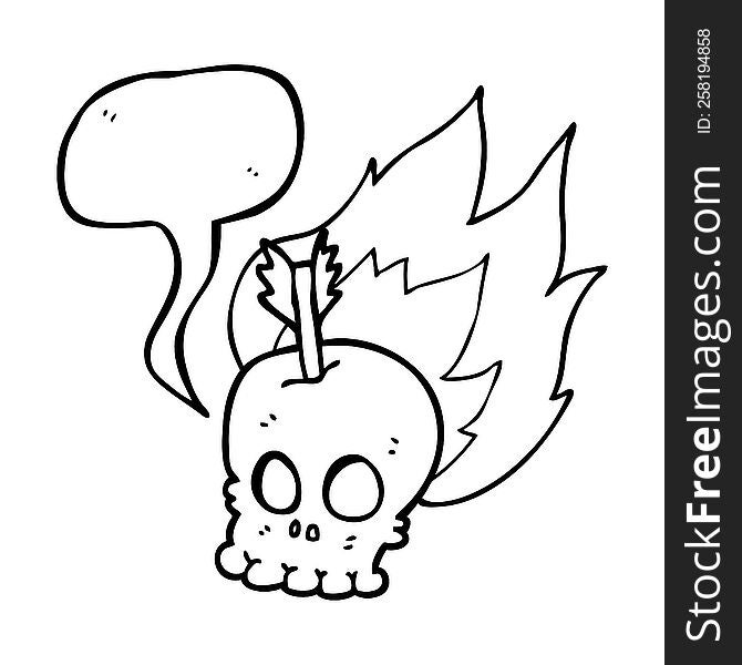 freehand drawn speech bubble cartoon skull with arrow