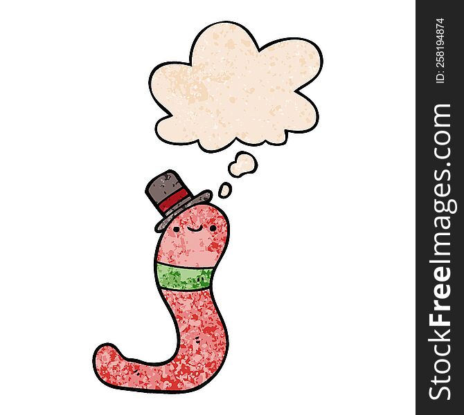 Cute Cartoon Worm And Thought Bubble In Grunge Texture Pattern Style