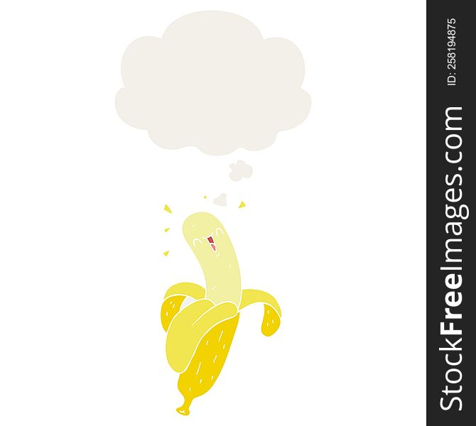 cartoon banana with thought bubble in retro style
