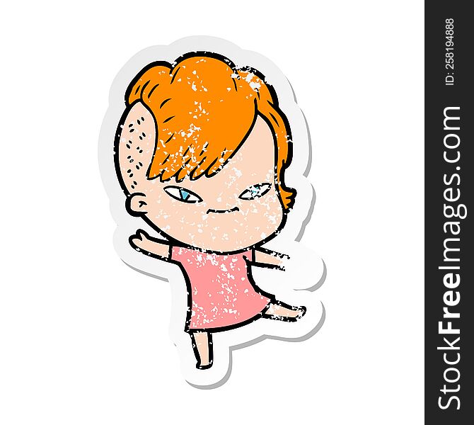 distressed sticker of a cute cartoon girl with hipster haircut