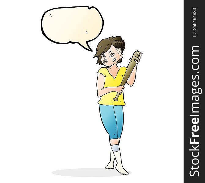 cartoon pretty punk girl with baseball bat with speech bubble