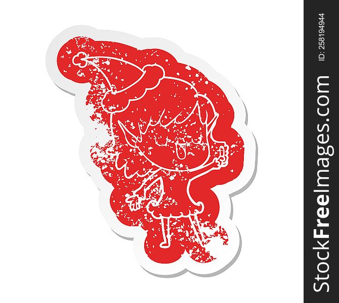 quirky cartoon distressed sticker of a elf girl wearing santa hat