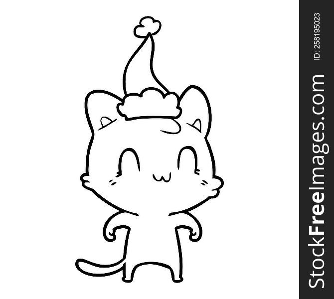 hand drawn line drawing of a happy cat wearing santa hat