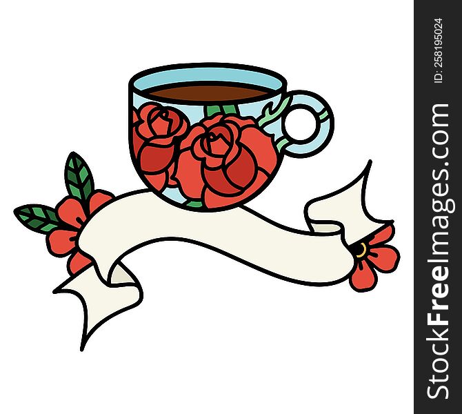 tattoo with banner of a cup and flowers
