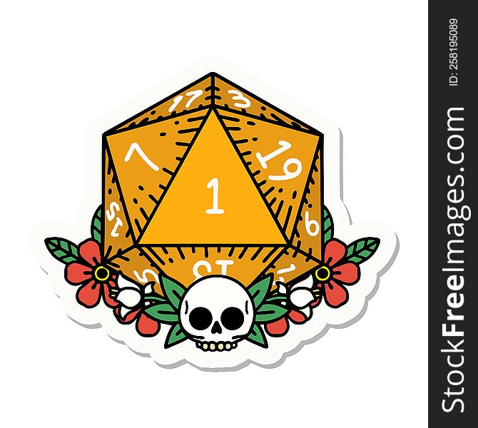 sticker of a natural one dice roll with floral elements. sticker of a natural one dice roll with floral elements