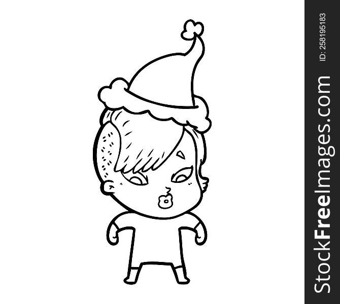 line drawing of a surprised girl wearing santa hat