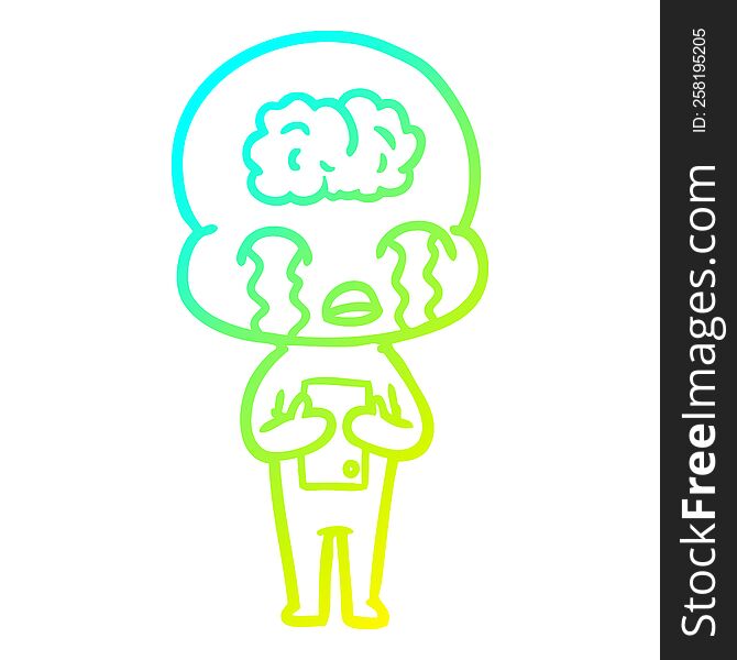 cold gradient line drawing of a cartoon big brain alien crying