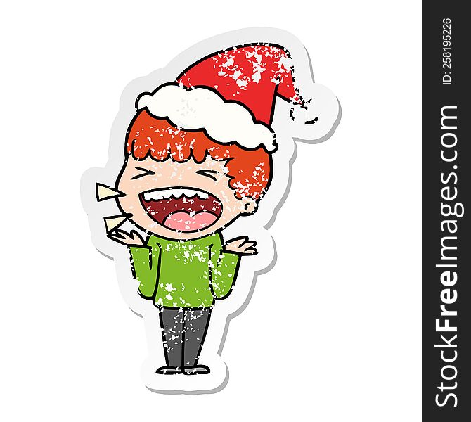 Distressed Sticker Cartoon Of A Laughing Man Wearing Santa Hat