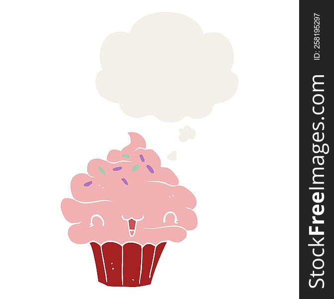 cute cartoon frosted cupcake and thought bubble in retro style