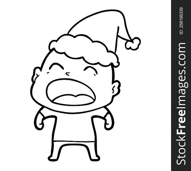 hand drawn line drawing of a shouting bald man wearing santa hat