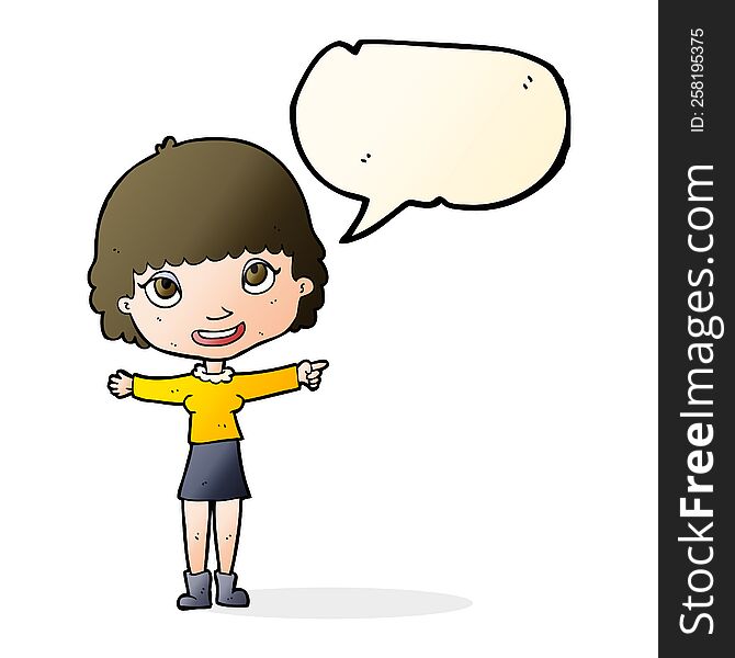 Cartoon Happy Woman Pointing With Speech Bubble