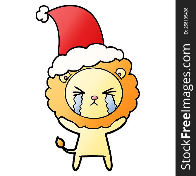 Gradient Cartoon Of A Crying Lion Wearing Santa Hat