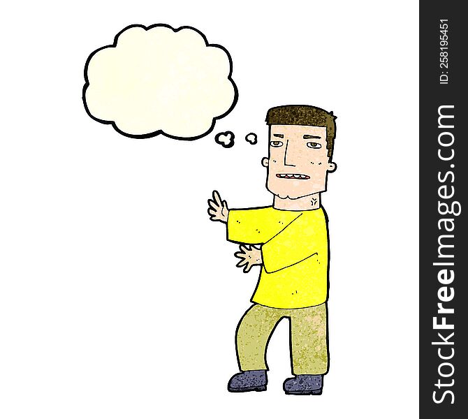 cartoon man gesturing with thought bubble