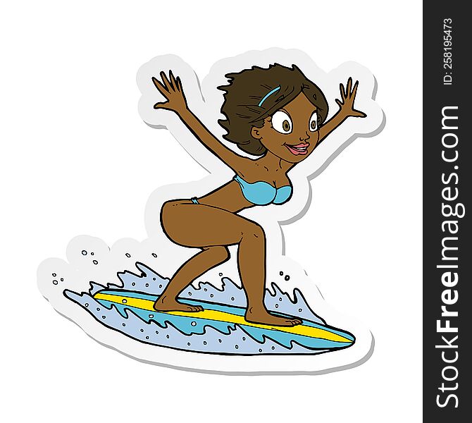 Sticker Of A Cartoon Surfer Girl