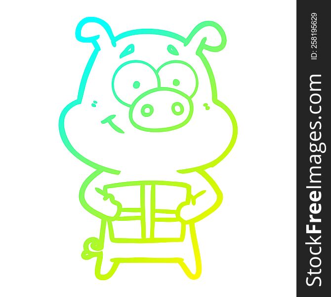 cold gradient line drawing of a happy cartoon pig holding christmas present