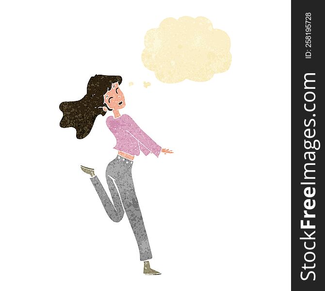 Cartoon Happy Girl Kicking Out Leg With Thought Bubble