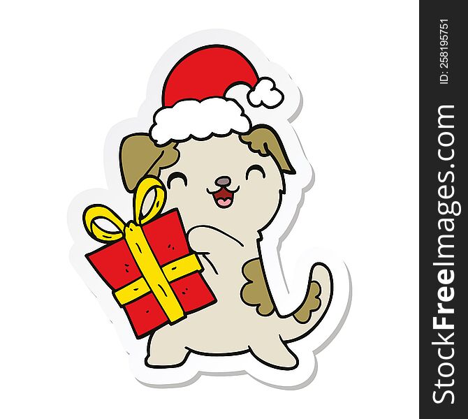 Sticker Of A Cute Cartoon Puppy With Christmas Present And Hat