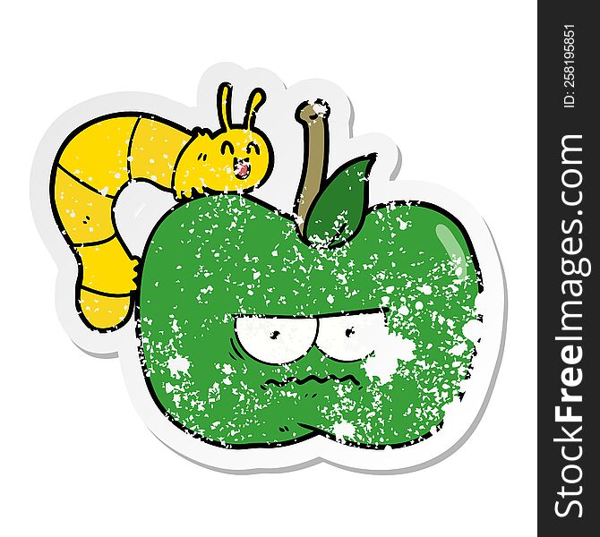 Distressed Sticker Of A Cartoon Grumpy Apple And Caterpillar