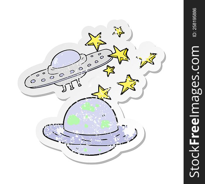 retro distressed sticker of a cartoon flying saucer and planet