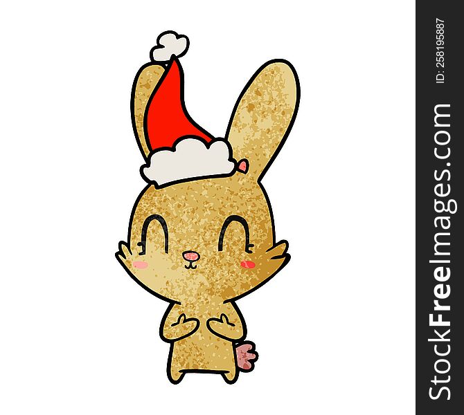Cute Textured Cartoon Of A Rabbit Wearing Santa Hat