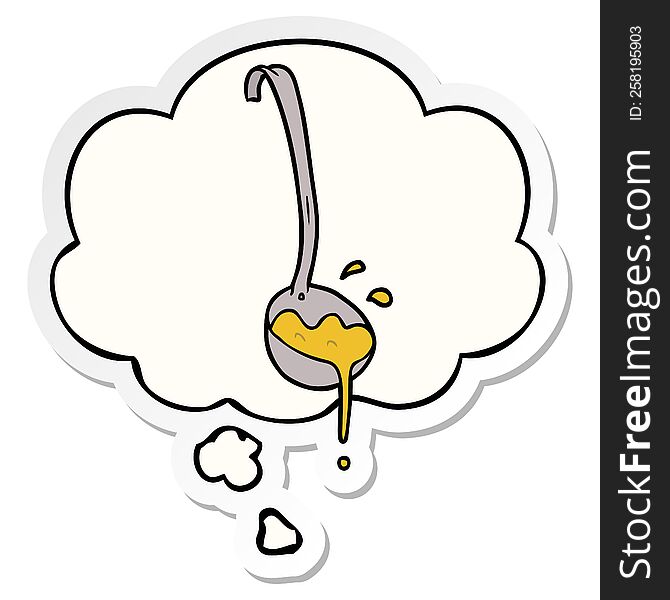 cartoon ladle of soup with thought bubble as a printed sticker