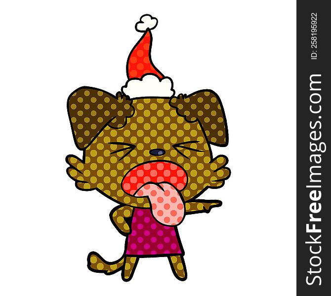 hand drawn comic book style illustration of a disgusted dog wearing santa hat