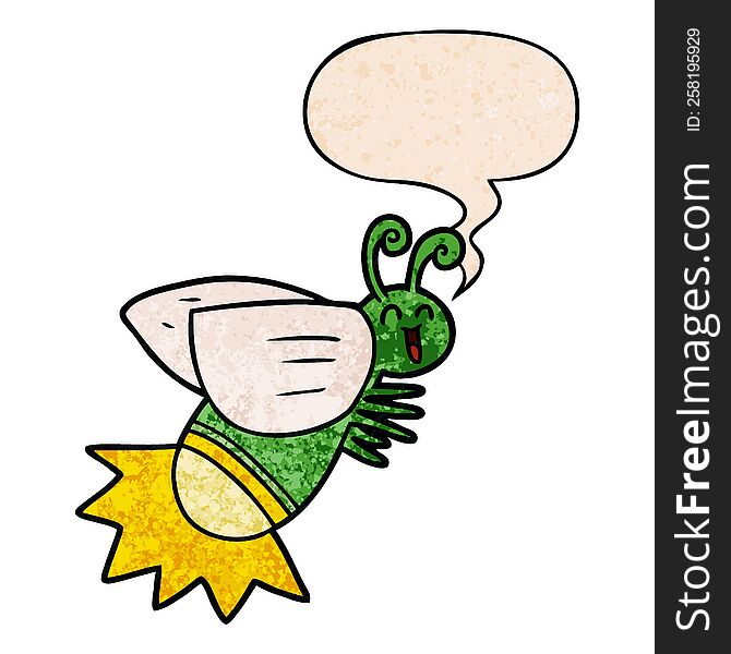 cartoon glow bug and speech bubble in retro texture style