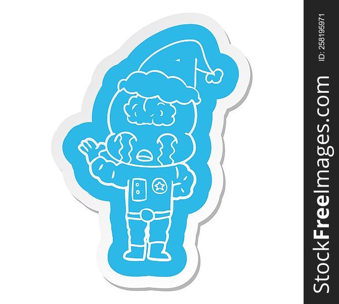 Cartoon  Sticker Of A Big Brain Alien Crying Wearing Santa Hat