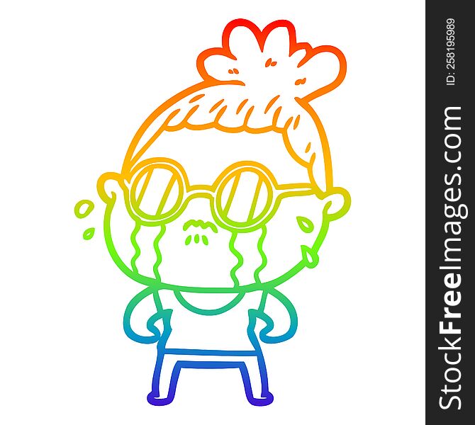 rainbow gradient line drawing of a cartoon crying woman wearing sunglasses