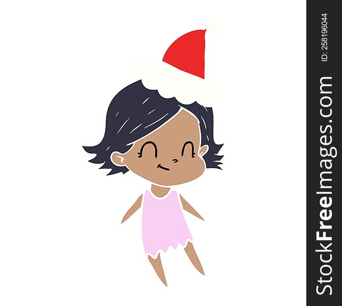 Flat Color Illustration Of A Friendly Girl Wearing Santa Hat