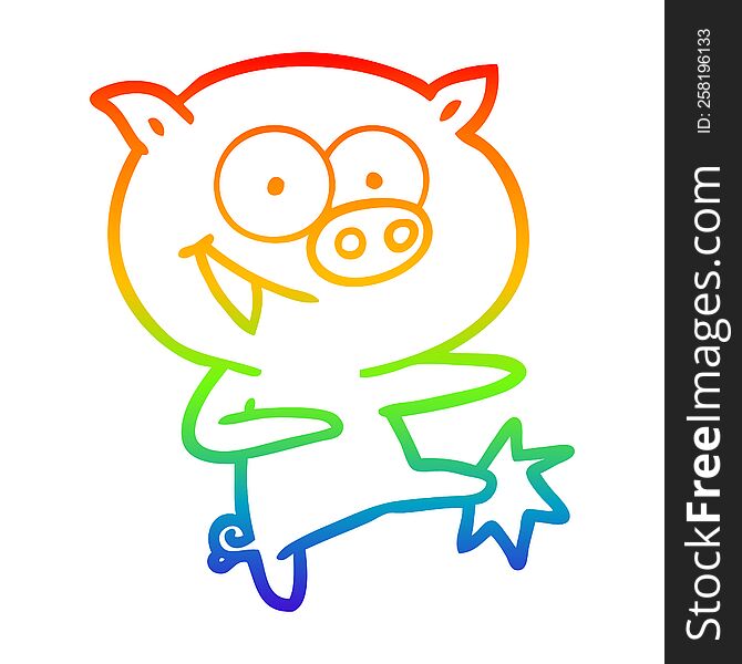 rainbow gradient line drawing of a cheerful dancing pig cartoon
