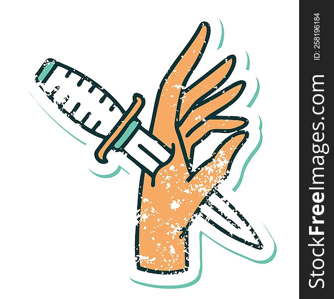 iconic distressed sticker tattoo style image of a dagger in the hand. iconic distressed sticker tattoo style image of a dagger in the hand