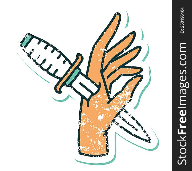 Distressed Sticker Tattoo Style Icon Of A Dagger In The Hand