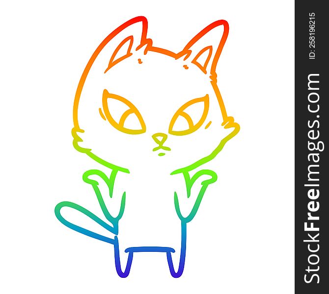 Rainbow Gradient Line Drawing Confused Cartoon Cat Shrugging Shoulders
