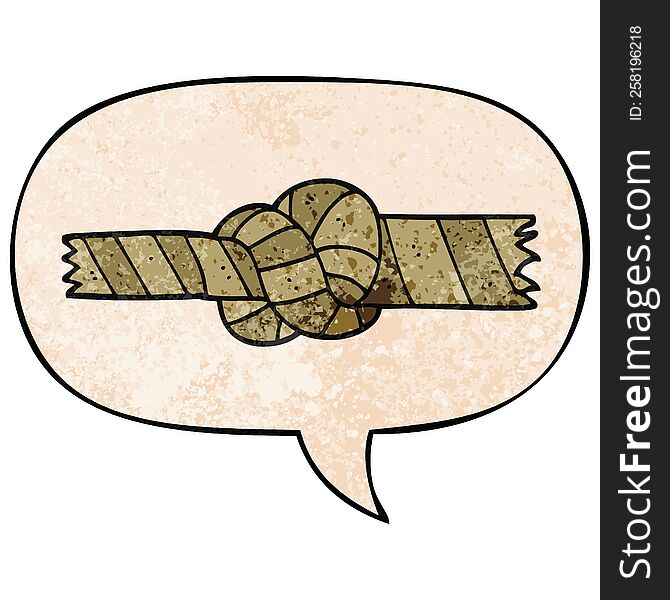 cartoon knotted rope with speech bubble in retro texture style