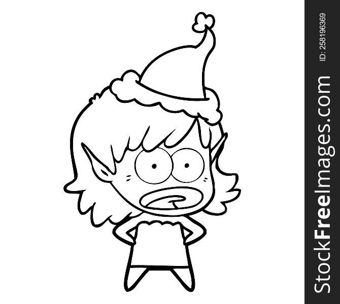 hand drawn line drawing of a shocked elf girl wearing santa hat