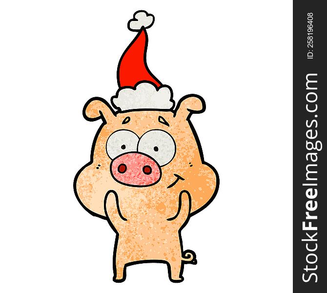 happy hand drawn textured cartoon of a pig wearing santa hat. happy hand drawn textured cartoon of a pig wearing santa hat
