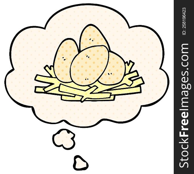 Cartoon Eggs In Nest And Thought Bubble In Comic Book Style